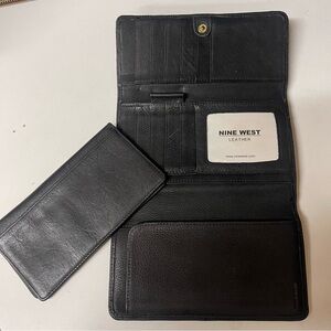 Nine West Black Leather Trifold Wallet with Subtle Logo & Leather Checkbook